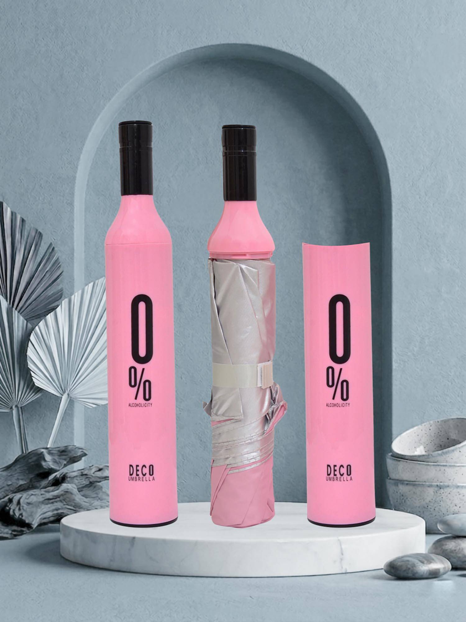 FABINALIV Pink Solid Waterproof 3 Fold Compact Bottle Umbrella