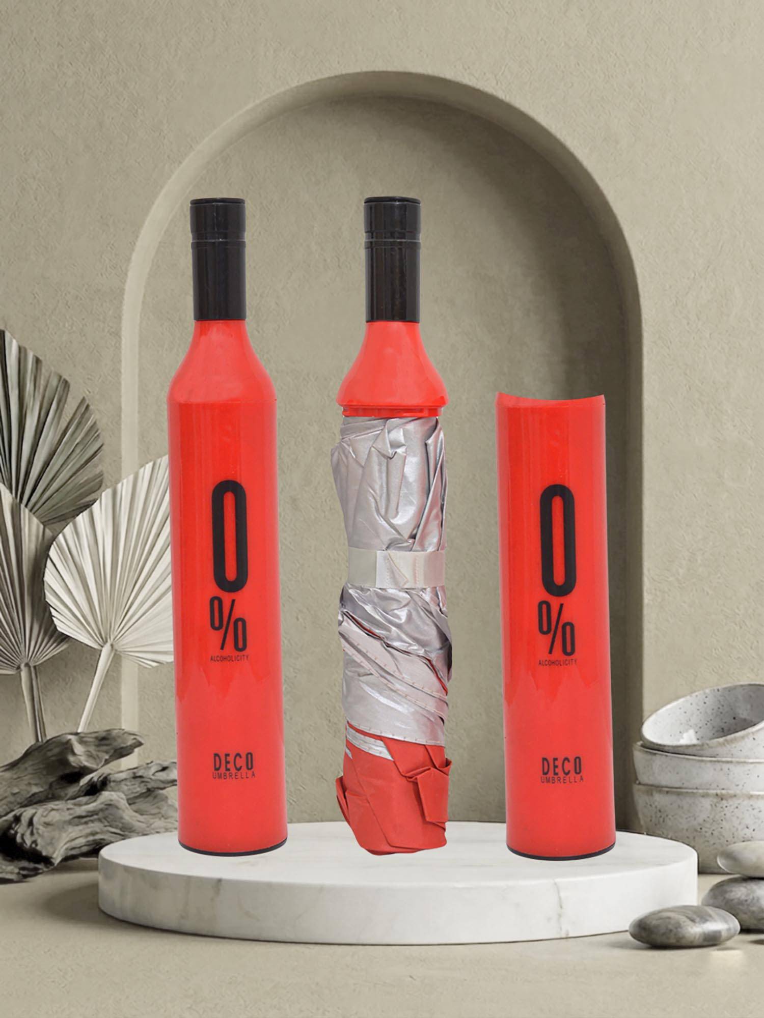 FABINALIV Red Solid Waterproof 3 Fold Compact Bottle Umbrella