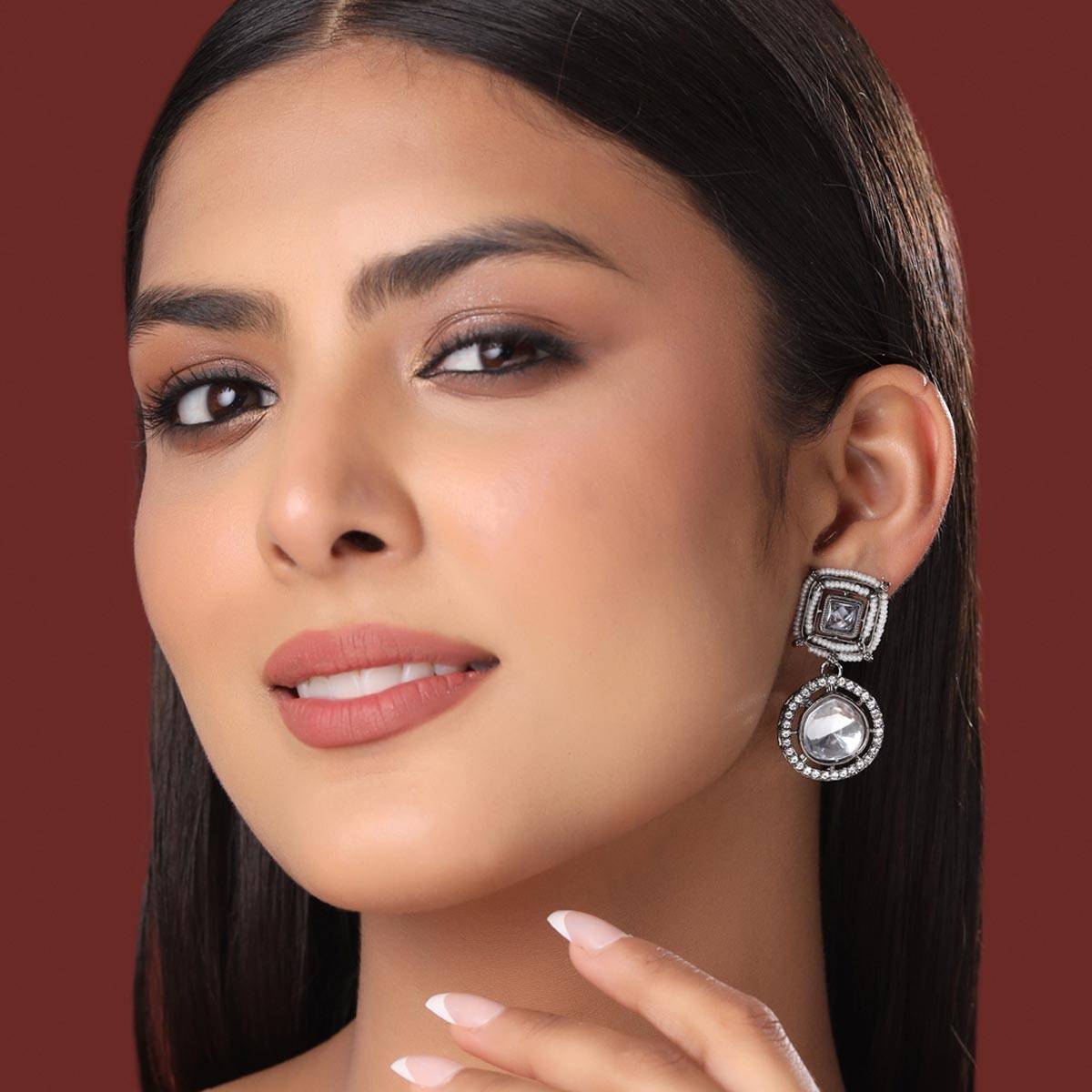 VIRAASI Rhodium-Plated Kundan & AD Studded Handcrafted Drop Earrings