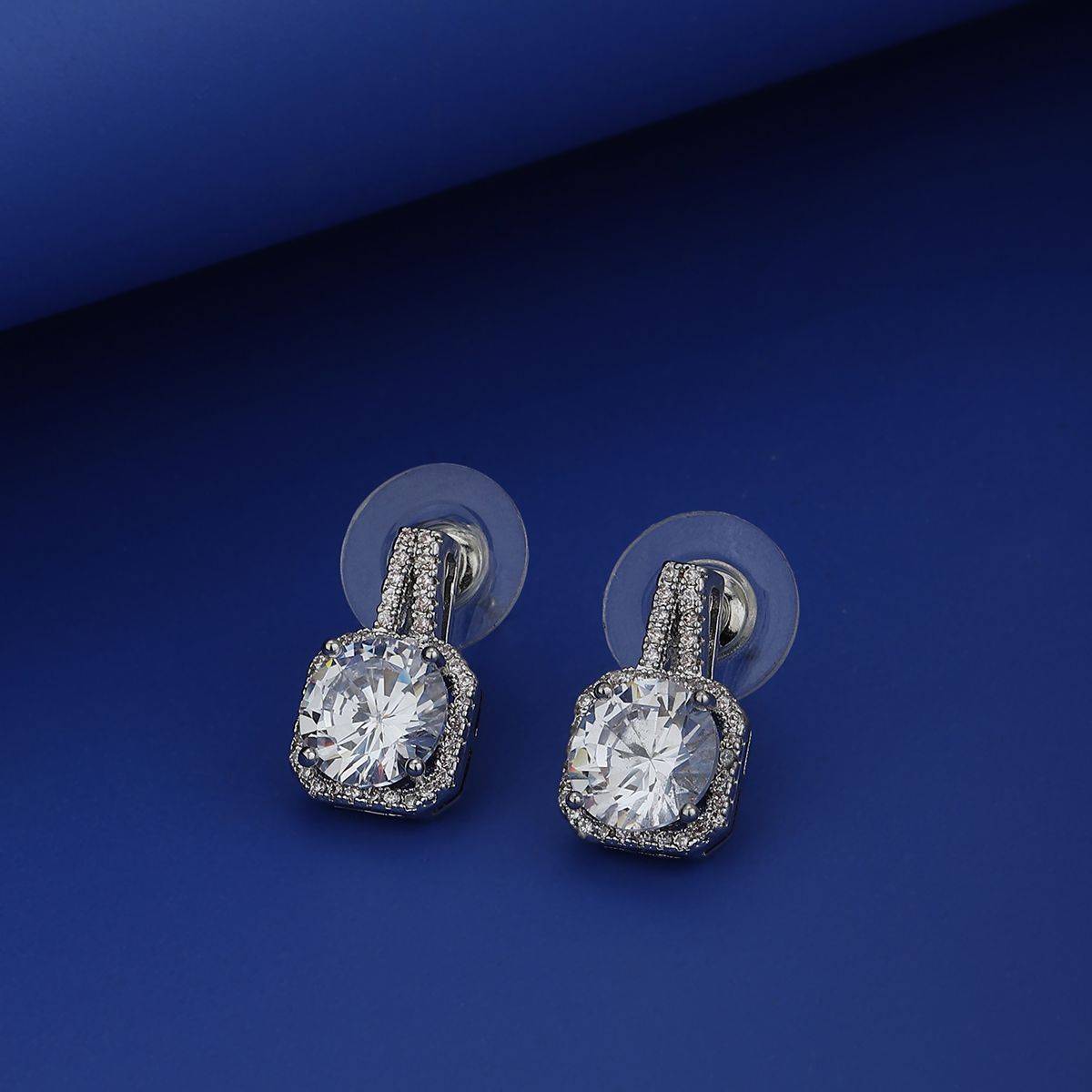 Carlton London Silver Toned CZ Studded Rhodium Plated Stud Earring FJE4073