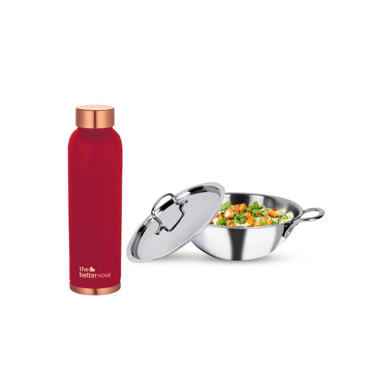 The Better Home Set of 2-Copper 950ml Bottle Maroon and Triply Kadai with SS Lid (22cm)-2.2L