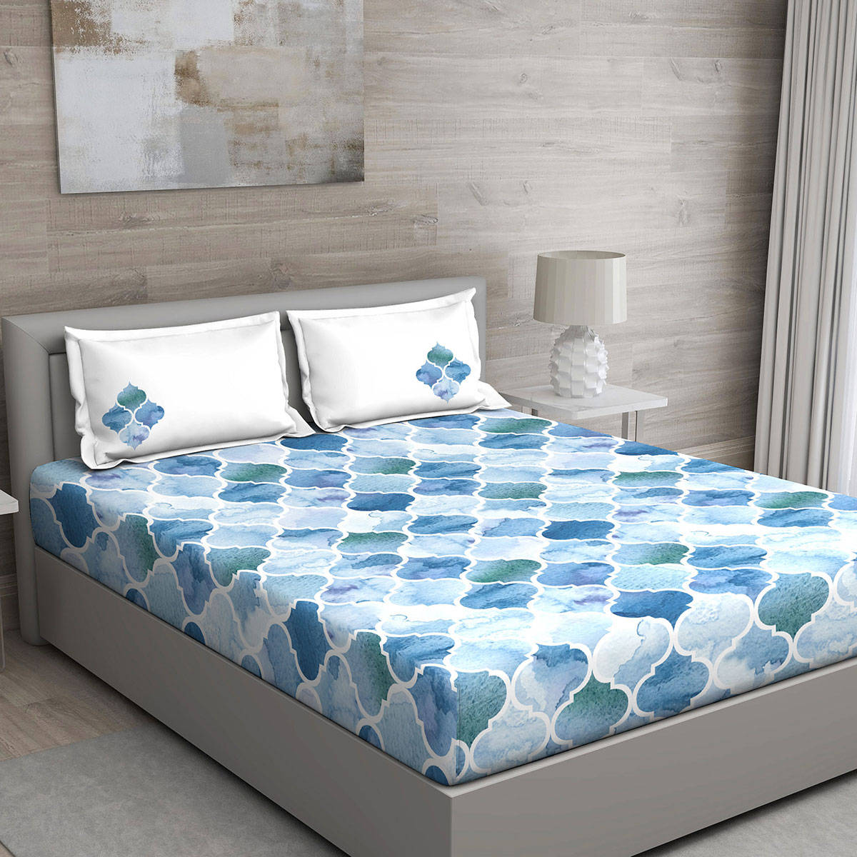 GM Blue Geometric 150 Tc Cotton Queen 1 Bedsheet 2 Cushion Covers