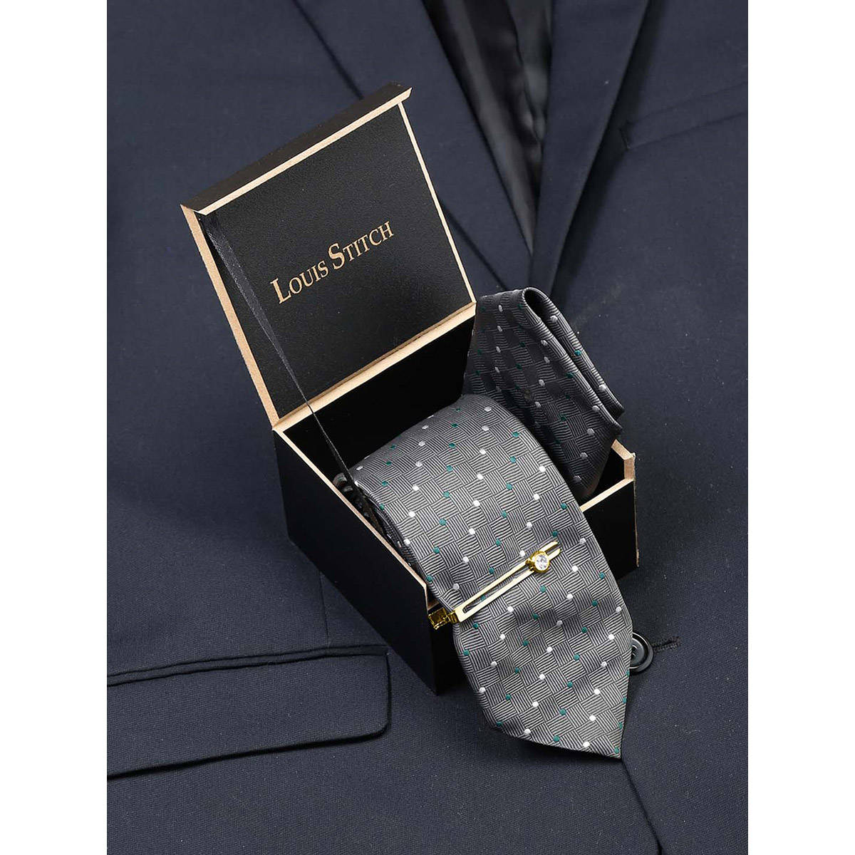 Louis Stitch Mens Polka Grey Silk Necktie Accessory Gift Set