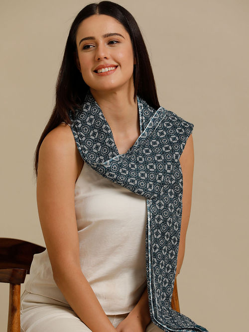 Buy Linen Club Blue Printed Pure Linen Unisex Stole Online