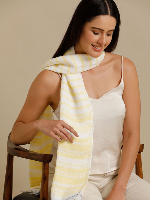 Buy Linen Club Yellow Striped Pure Linen Unisex Stole Online