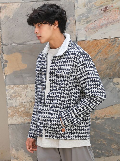 Campus Sutra Men Navy Blue Moon Grey Fleece Houndstooth Denim Jacket