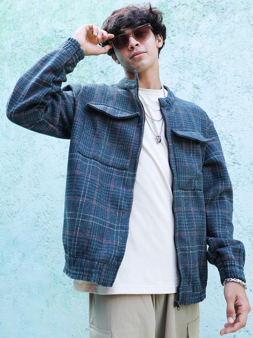 Campus Sutra Men Forest Green Tartan Plaid Jacket With Flap Pockets