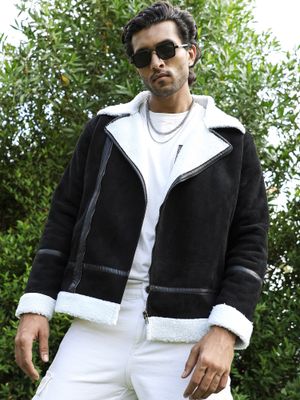 Campus Sutra Men Carbon Black & Chalk White Fleece Lined Biker Jacket