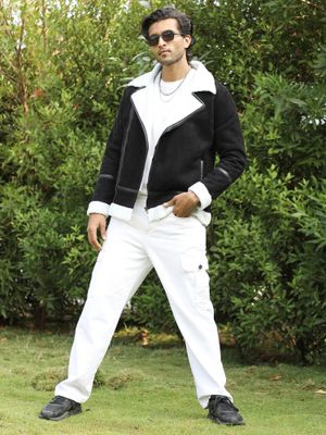 Campus Sutra Men Carbon Black & Chalk White Fleece Lined Biker Jacket