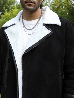 Campus Sutra Men Carbon Black & Chalk White Fleece Lined Biker Jacket