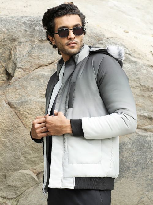 Campus Sutra Men Charcoal Black Light Grey Ombre Puffer Jacket With  Fleece Hood - Main Image