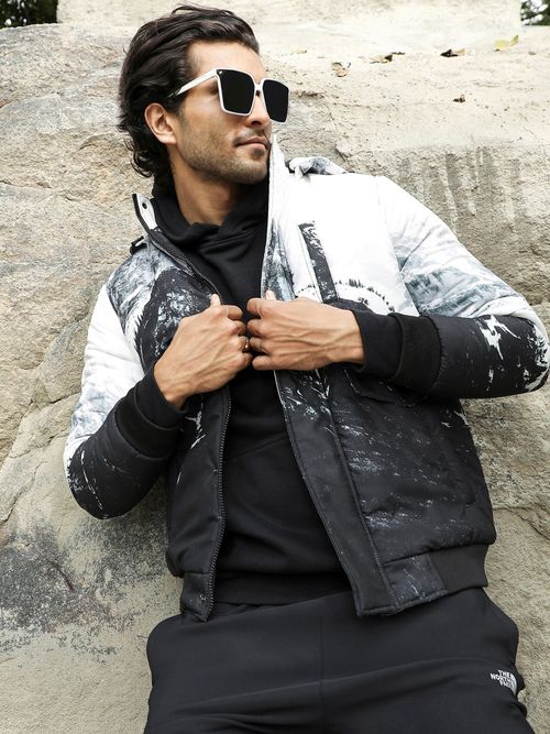 Campus Sutra Men Charcoal Black Light Grey Snowcaps Zip-Front Puffer  Jacket