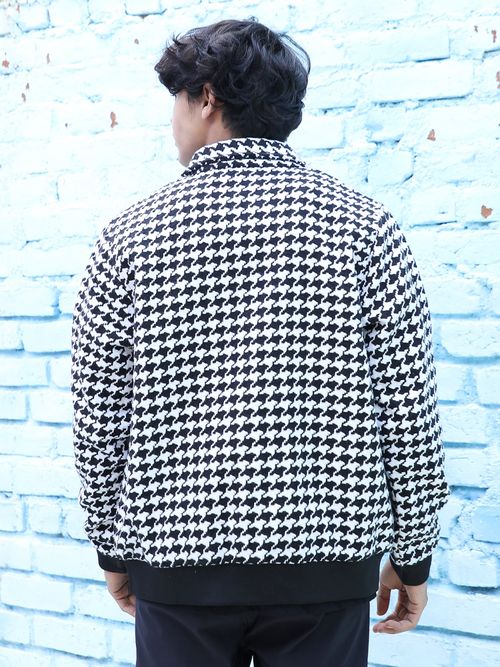 Campus Sutra Men Carbon Black Chalk White Houndstooth Denim Jacket