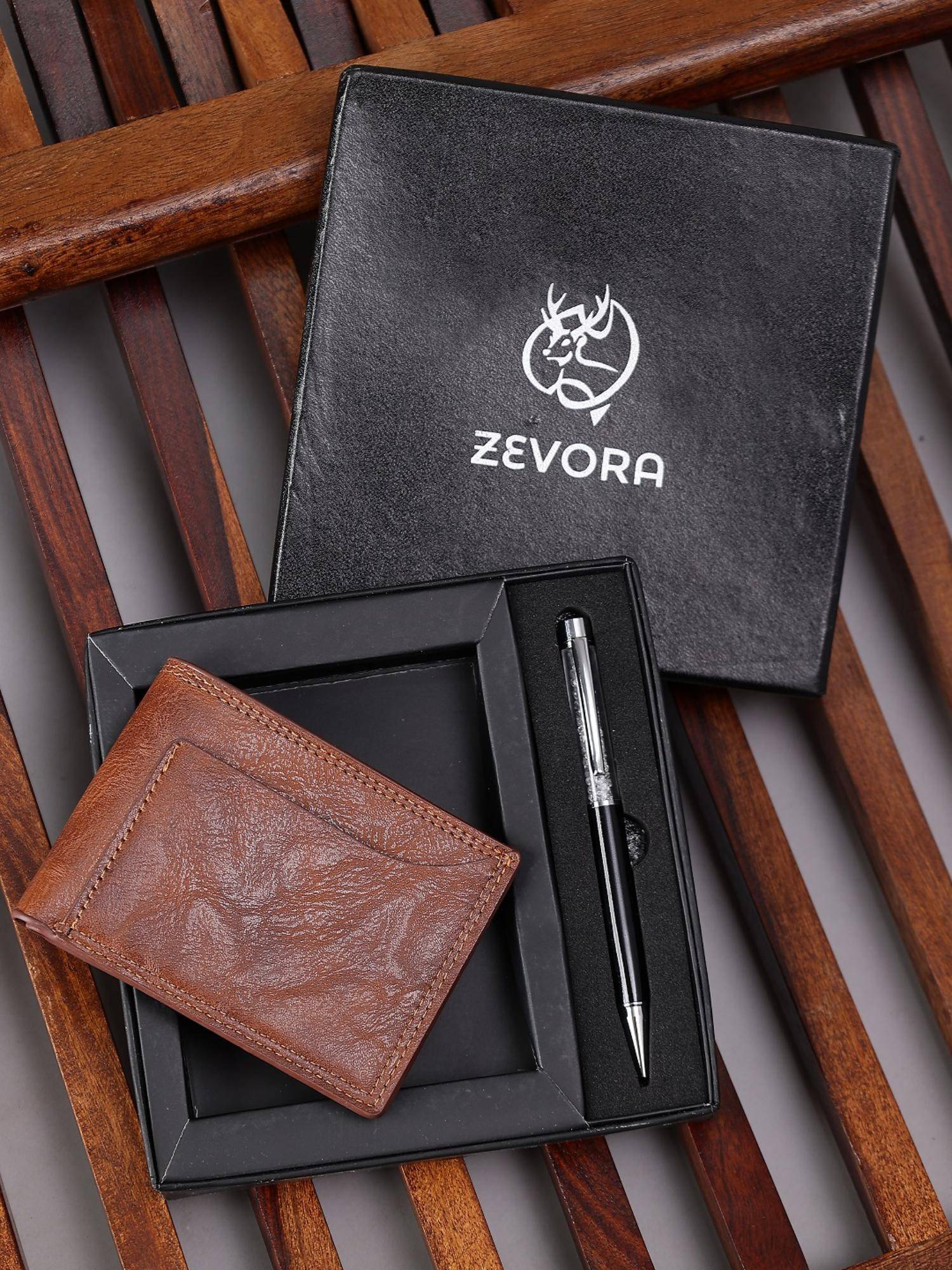 ZEVORA Men Two Fold Leather Wallet With Twister Ball Pen - Tan