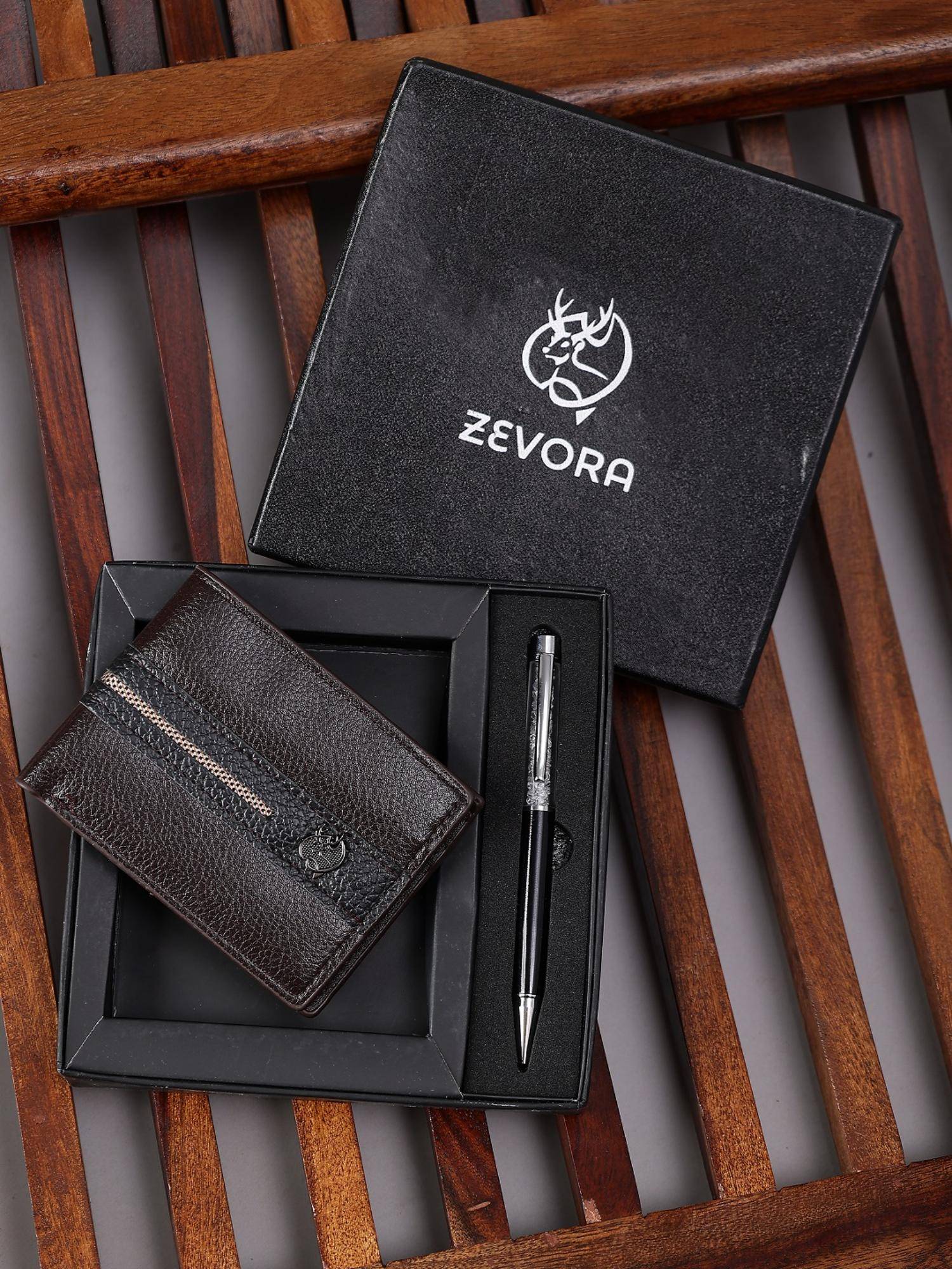 ZEVORA Men Two Fold Leather Wallet With Twister Ball Pen - Brown