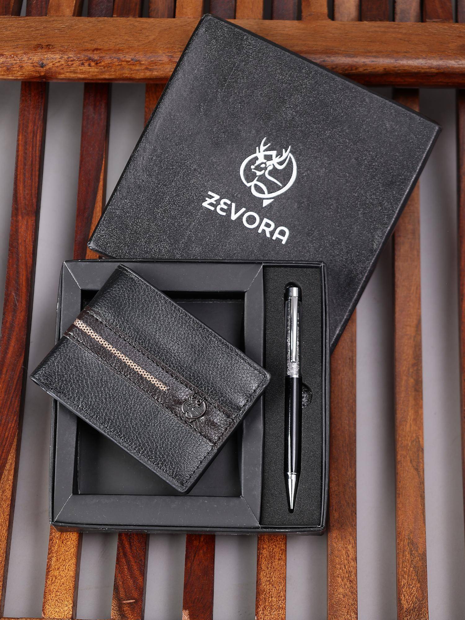 ZEVORA Men Two Fold Leather Wallet With Twister Ball Pen - Black