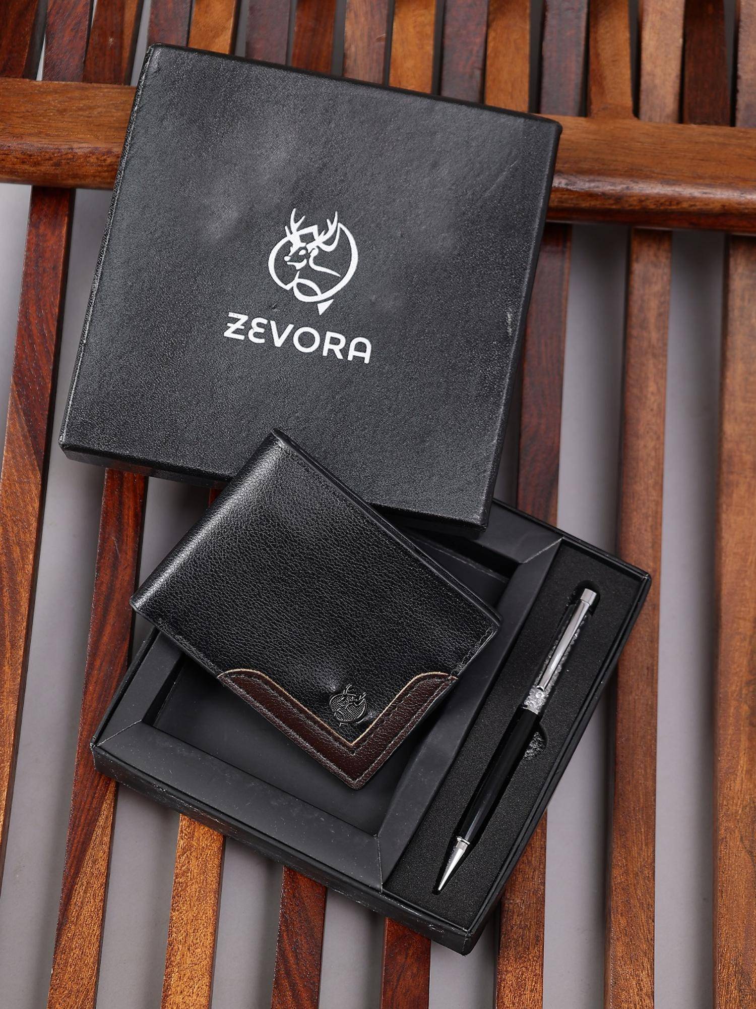 ZEVORA Men Two Fold Leather Wallet With Twister Ball Pen - Black