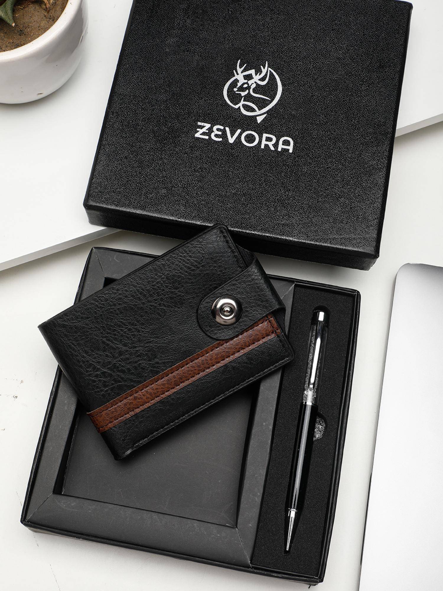 ZEVORA Men Two Fold Leather Wallet With Twister Ball Pen - Black