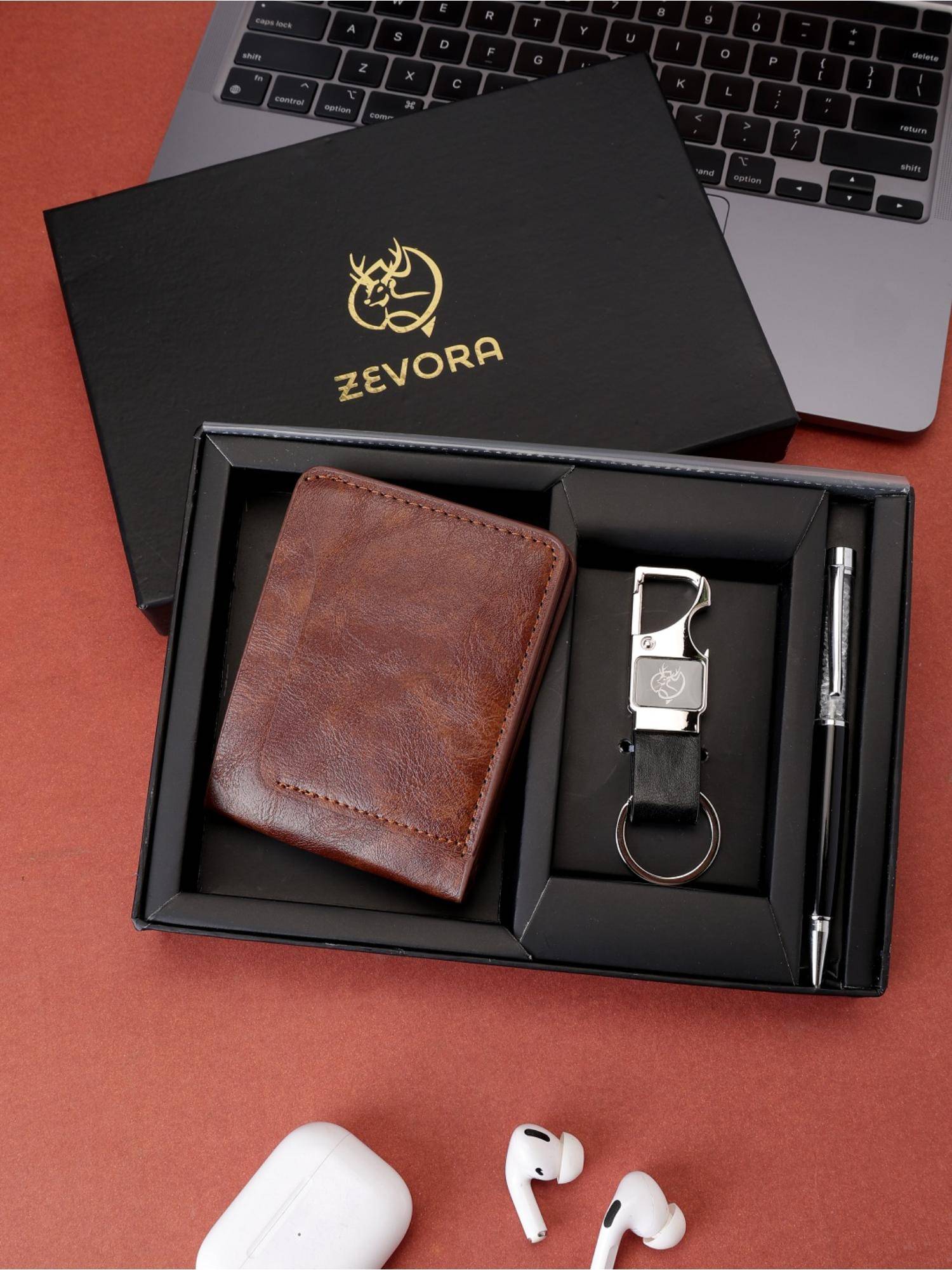 ZEVORA Men Two Fold Leather Wallet With Twister Ball Pen & Keychain - Tan
