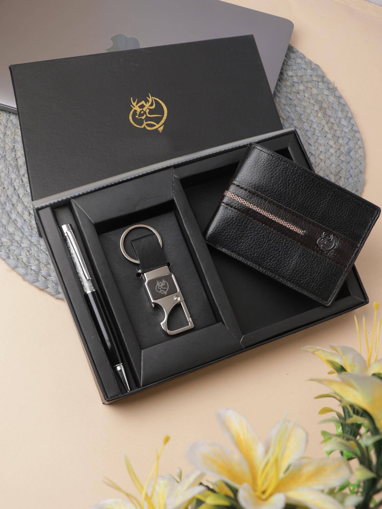 ZEVORA Men Two Fold Leather Wallet With Twister Ball Pen & Keychain - Black