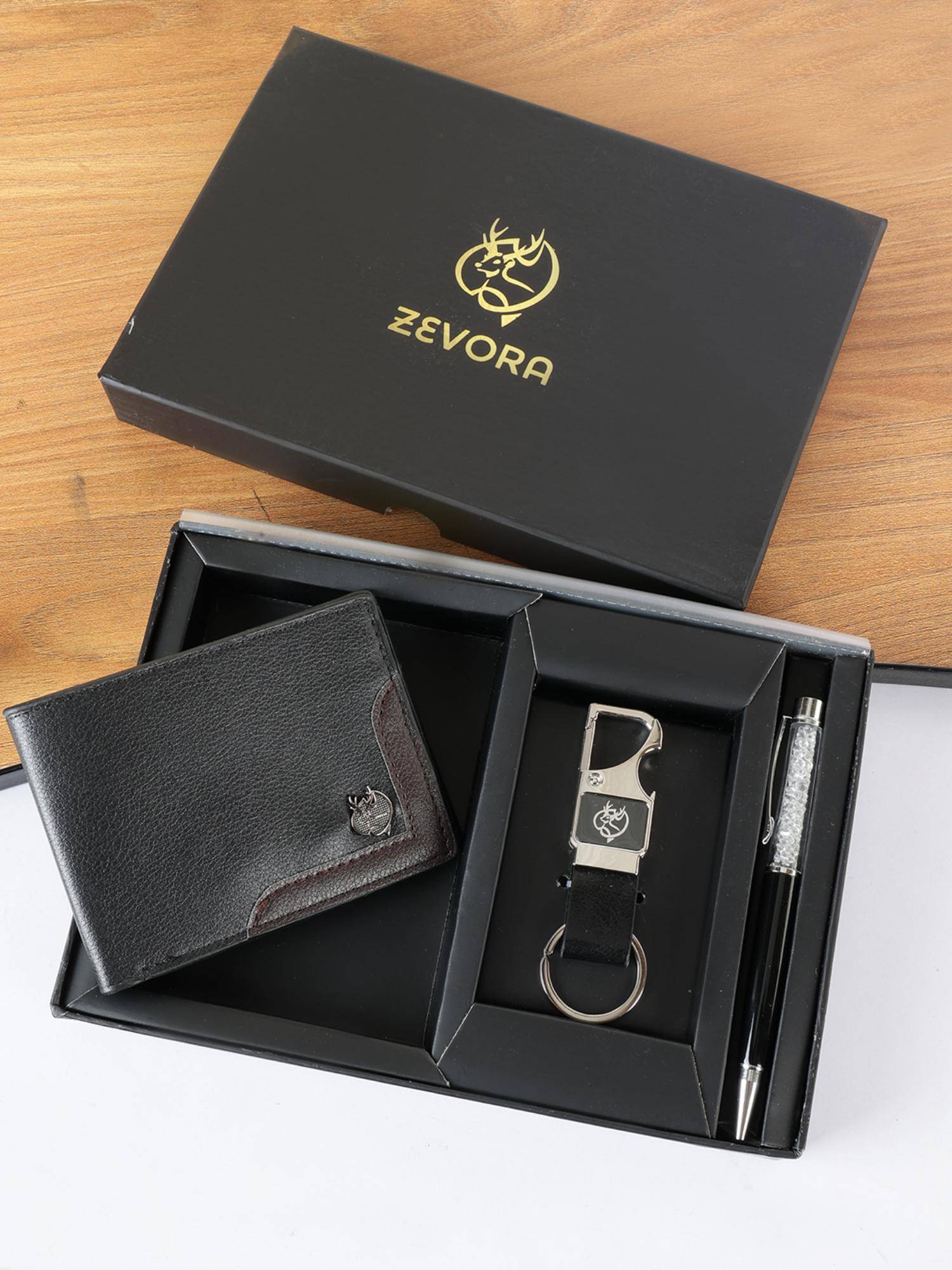 ZEVORA Men Two Fold Leather Wallet With Twister Ball Pen & Keychain - Black