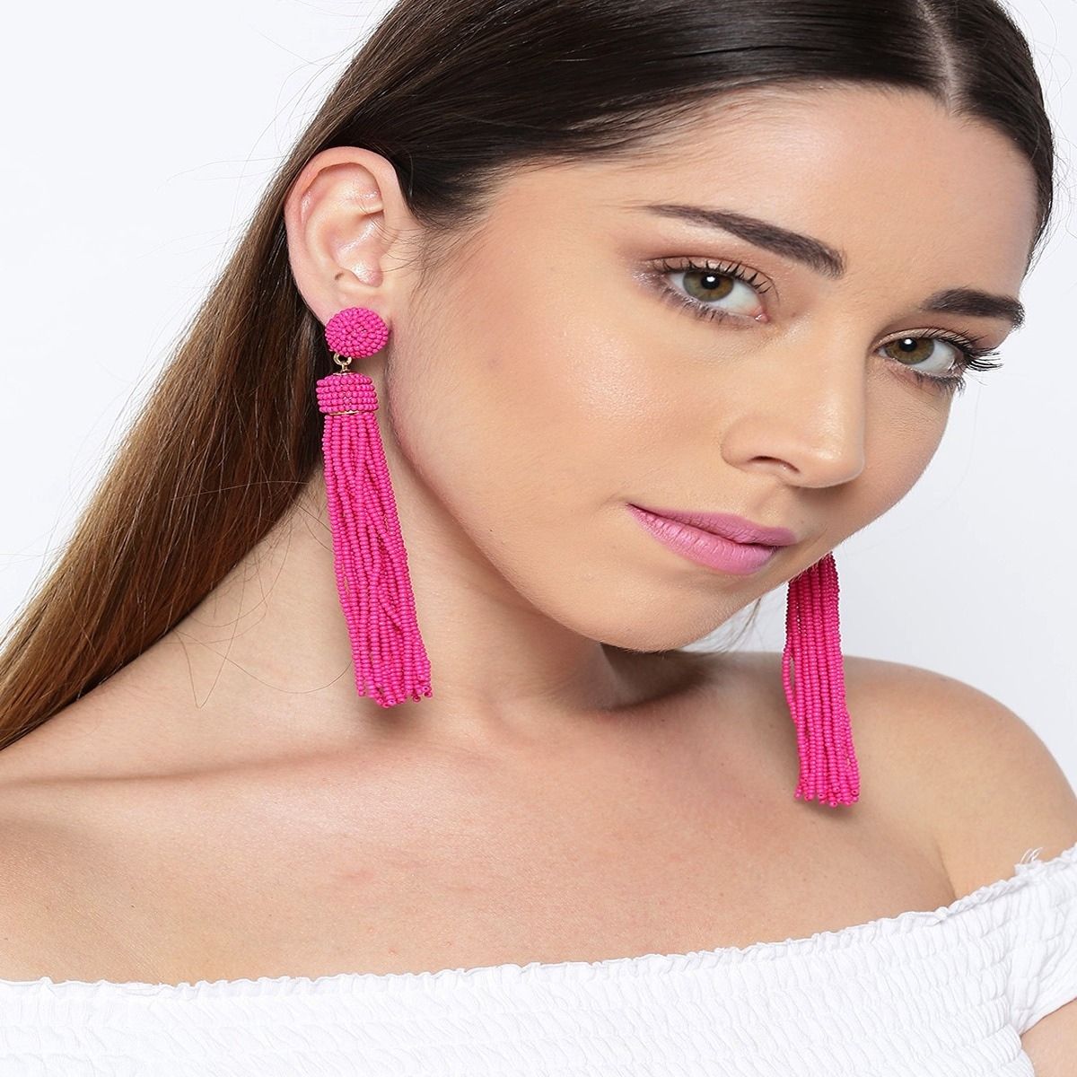 Copper Party Jewels Pink Tassel Earrings