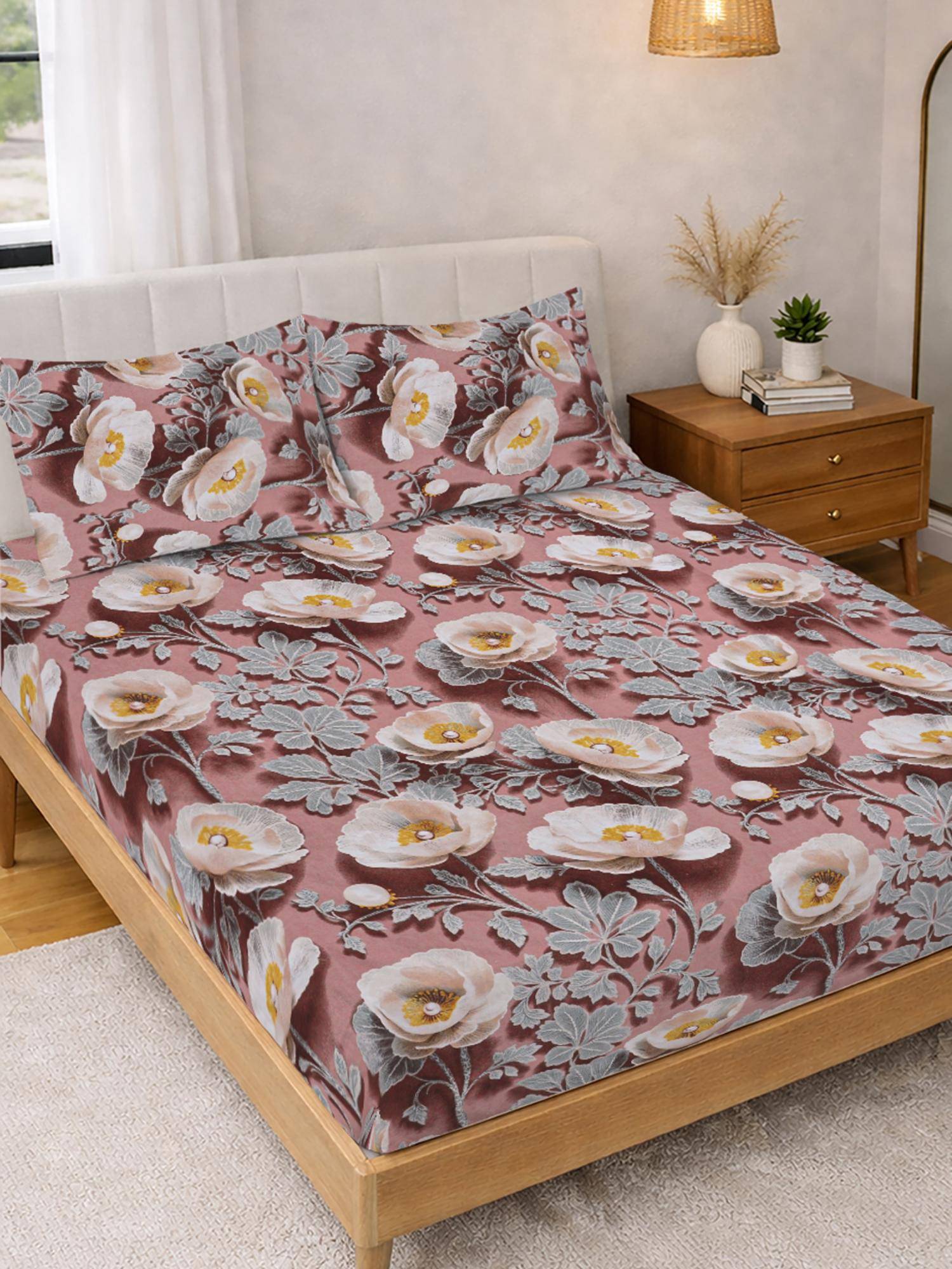 FABINALIV Pink Floral 300TC Polycotton 7D Bedsheet with 2 Pillow Covers (King)