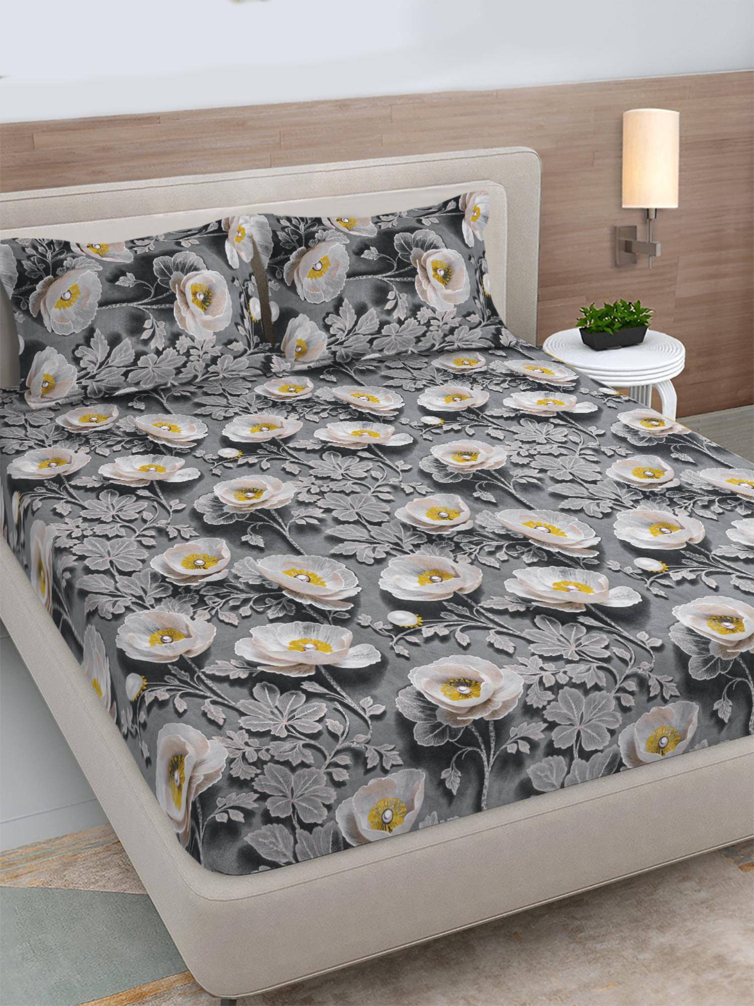 FABINALIV Grey Floral 300TC Polycotton Fitted 7D Bedsheet with 2 Pillow Covers (King)