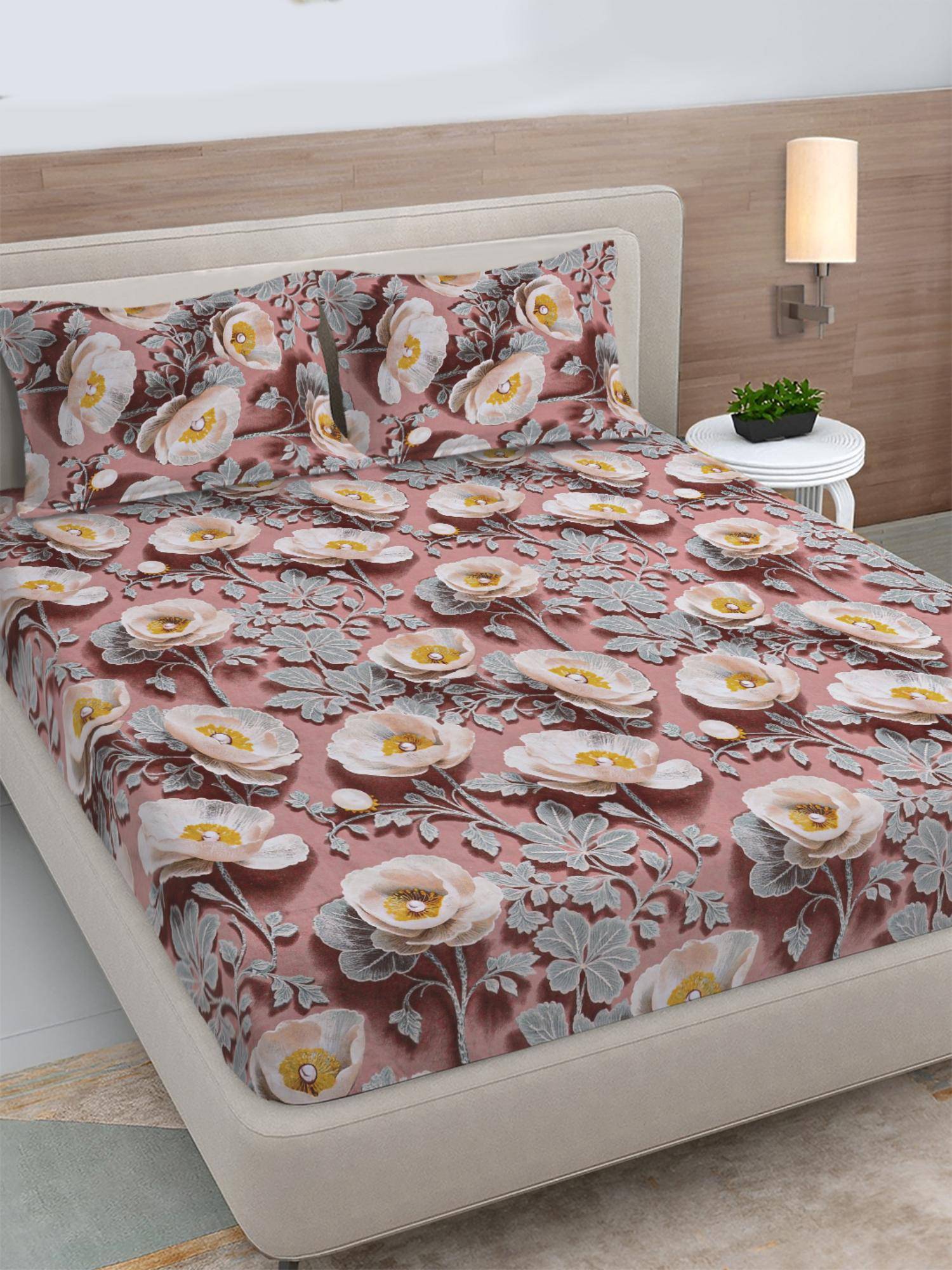 FABINALIV Pink Floral 300TC Polycotton Fitted 7D Bedsheet with 2 Pillow Covers (King)
