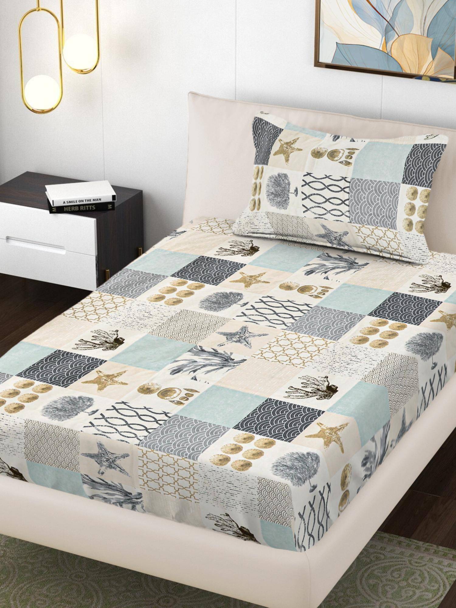 FABINALIV Multi-Color Geometric 300TC Polycotton Bedsheet with 1 Pillow Cover (Single)