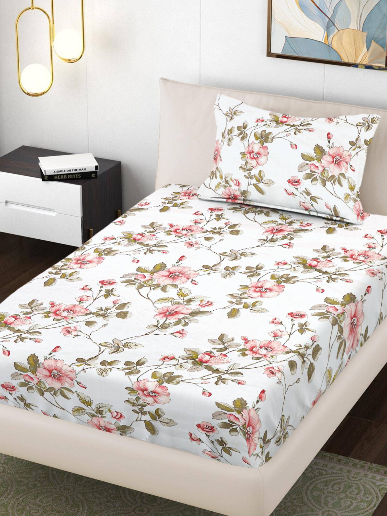 FABINALIV White Floral 300TC Polycotton Bedsheet with 1 Pillow Cover (Single)