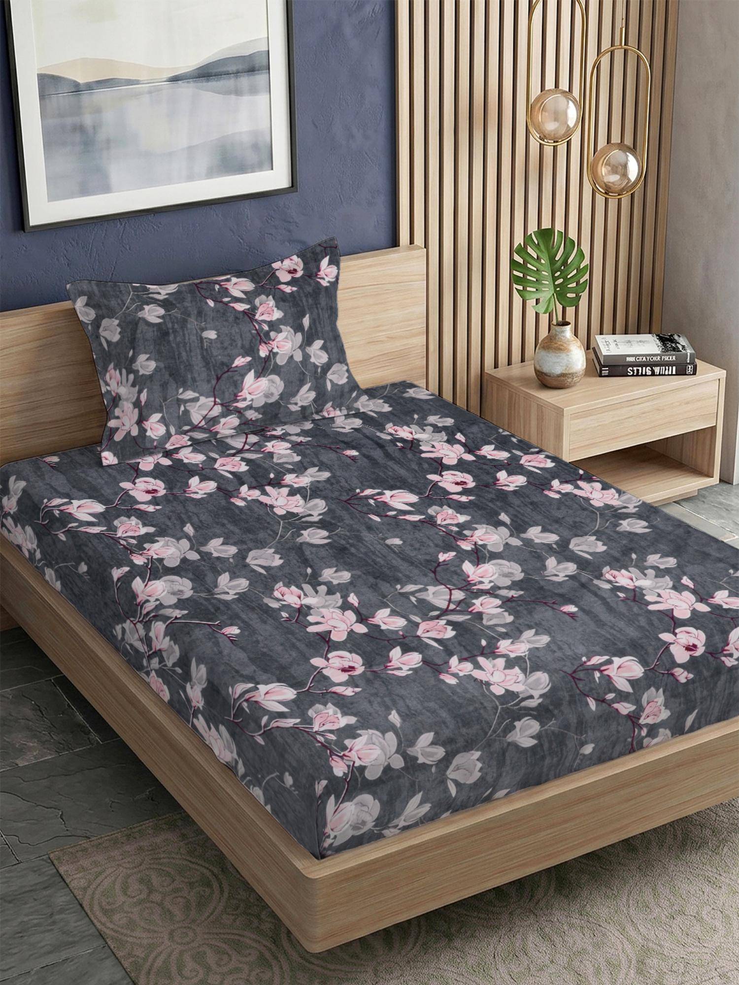 FABINALIV Grey Floral 300TC Polycotton Bedsheet with 1 Pillow Cover (Single)