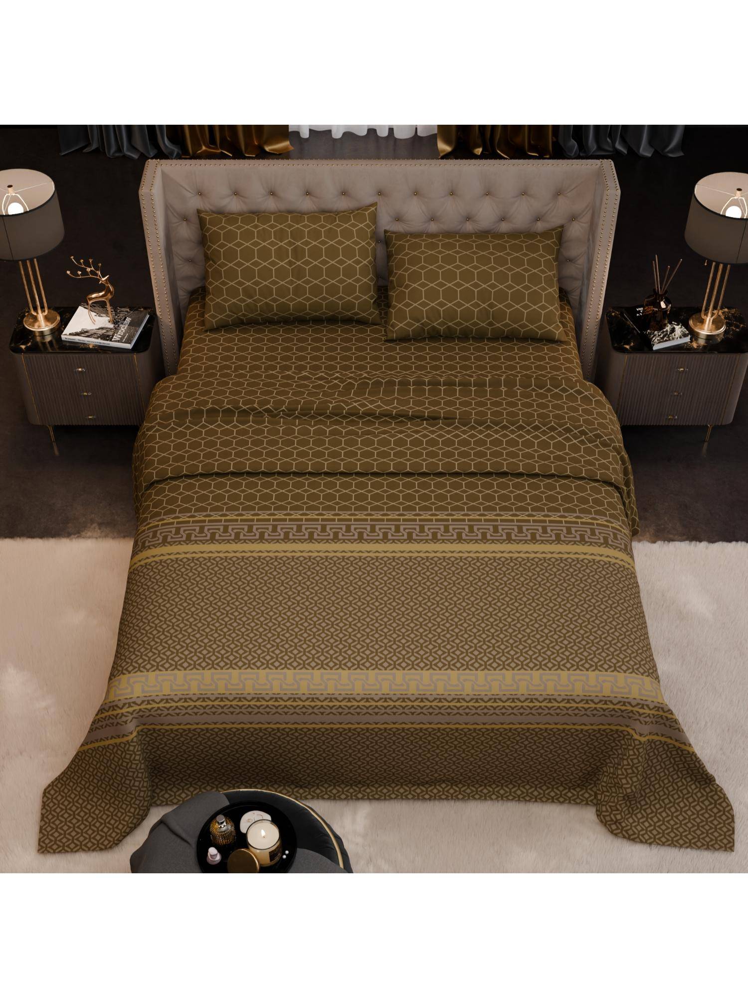 Stoa Paris Imperial Grandeur Sienna Pavillion Brown 200TC Bedsheet with 2 Pillow Covers (King)