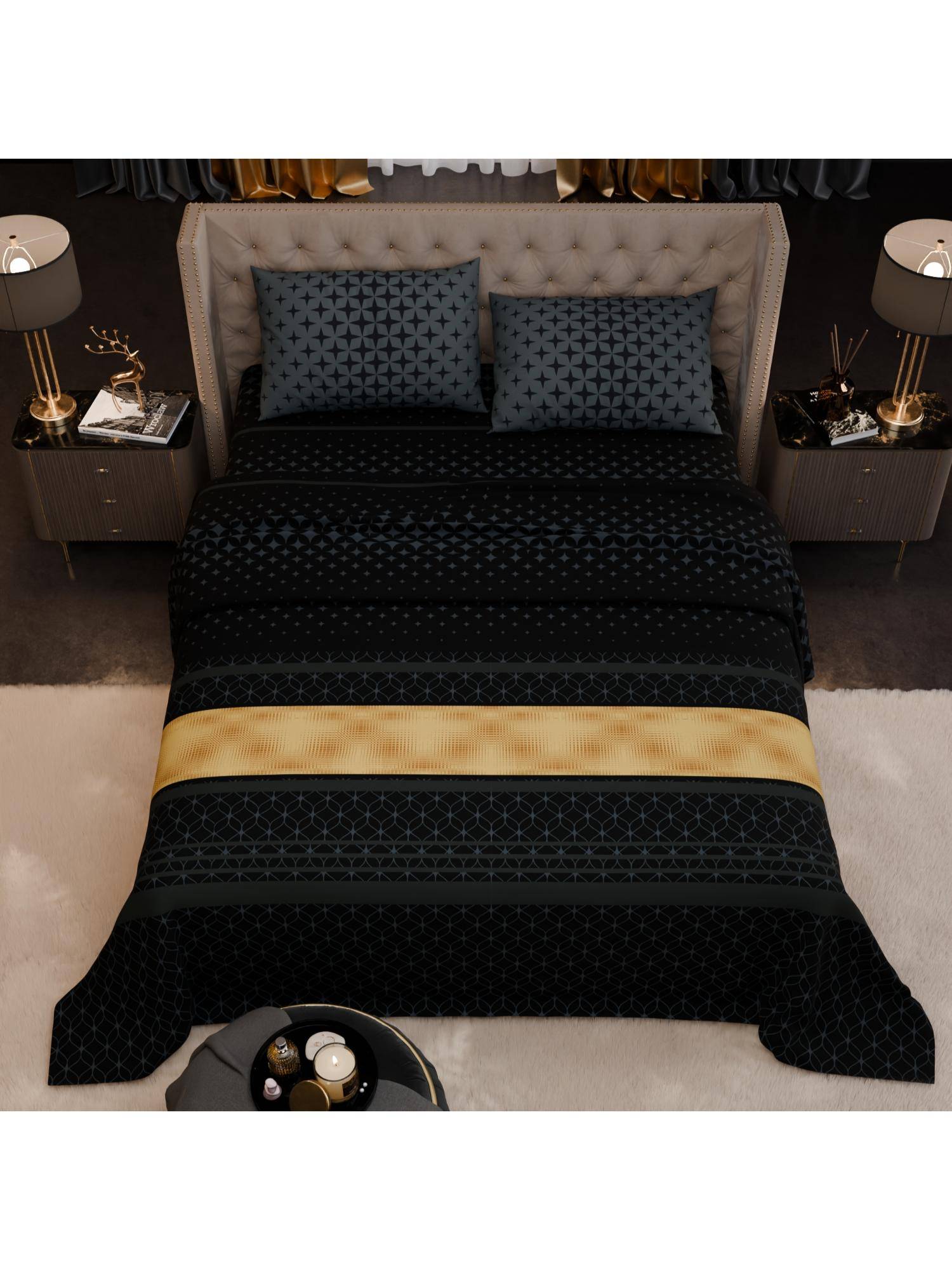 Stoa Paris Imperial Grandeur Midnight Crest Black 200TC Bedsheet with 2 Pillow Covers (King)