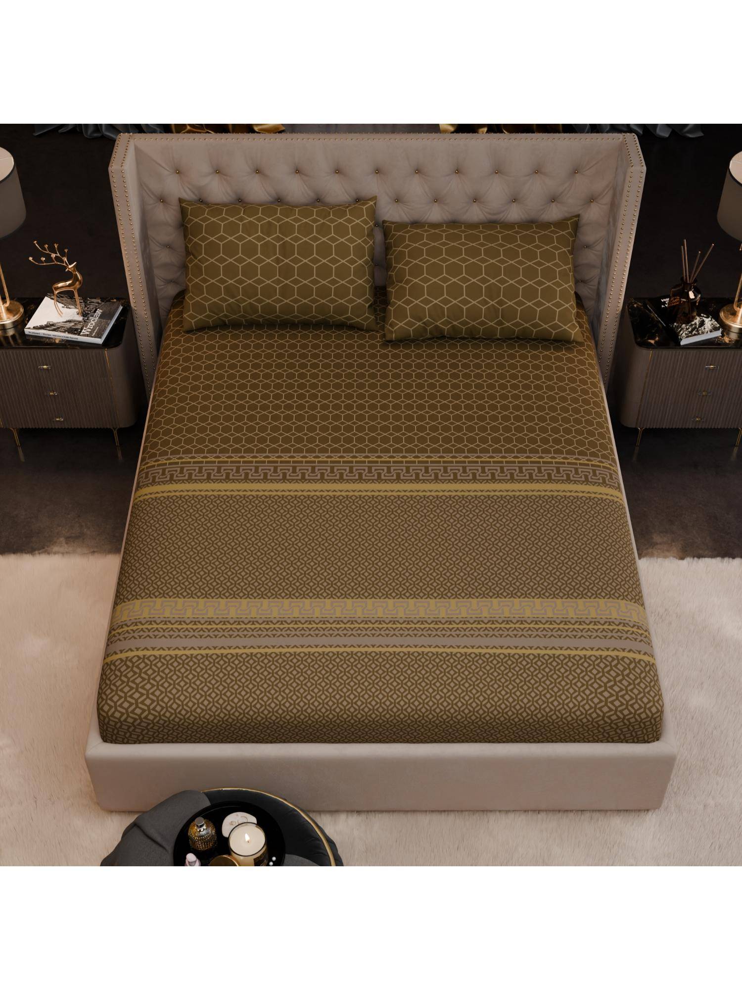 Stoa Paris Imperial Grandeur Sienna Brown 200TC Fitted Bedsheet with 2 Pillow Covers (King)