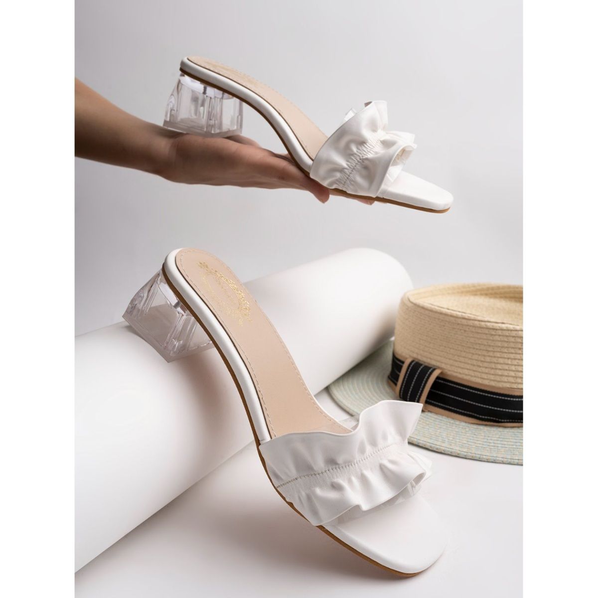 Shoetopia detailed Strap Stylish White Block Heels For Women EURO 38