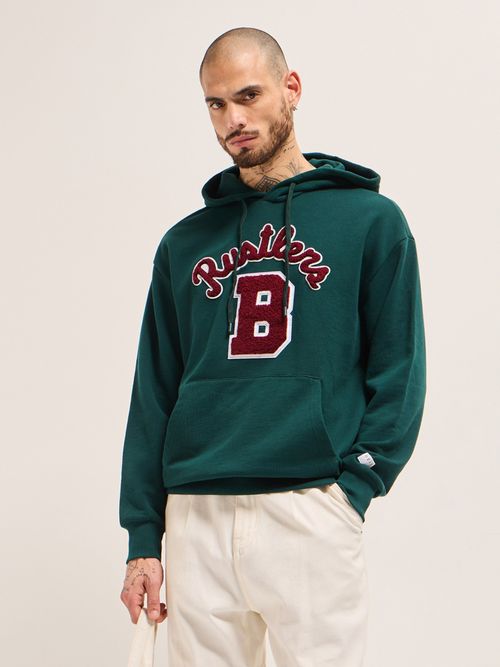 THE BEAR HOUSE Men Relaxed Fit Letter Graphic Green Cotton Hoodie - Main Image