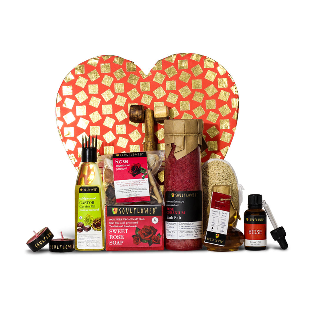Soulflower Rose Heart Bath Skincare Gift Kit, Diwali Gift Sets & Combo Kits For Men Women