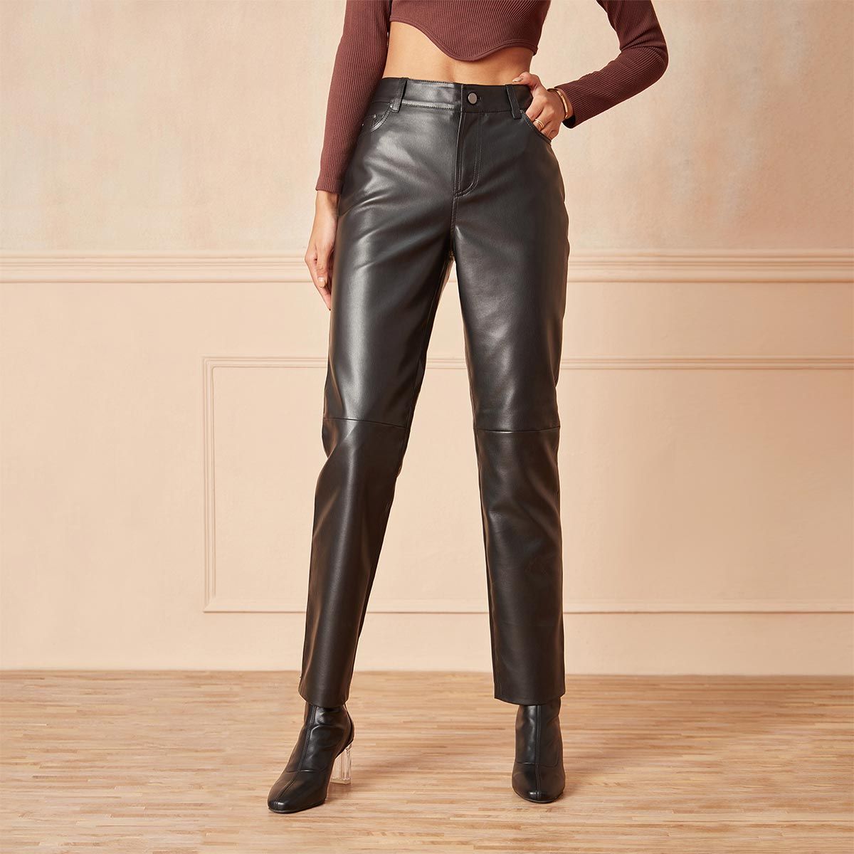 Warm faux leather pants with pockets | GATE