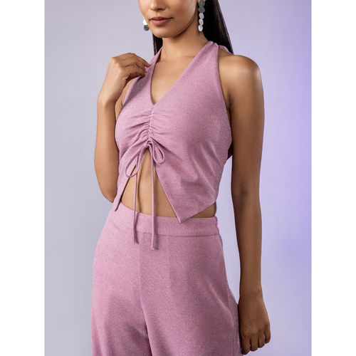 Twenty Dresses by Nykaa Fashion Light Pink Shimmer Halter Neck Crop Top (M)