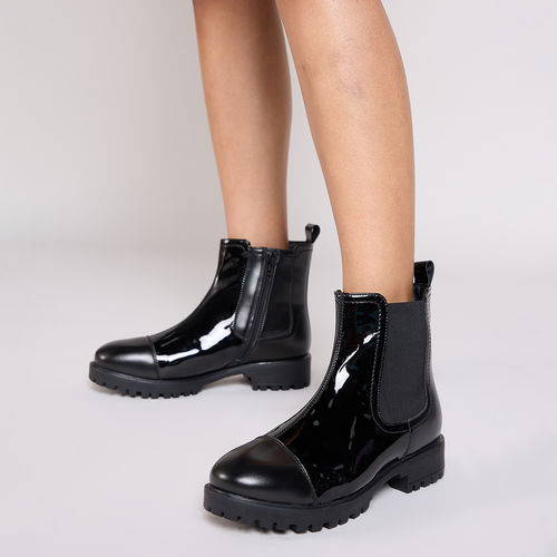 Twenty Dresses by Nykaa Fashion Black Patent Leather Textured Low Ankle  Boots (EURO 36)
