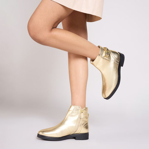 Twenty Dresses by Nykaa Fashion Gold Metallic Buckle Embellished Low Ankle  Boots (EURO 36)