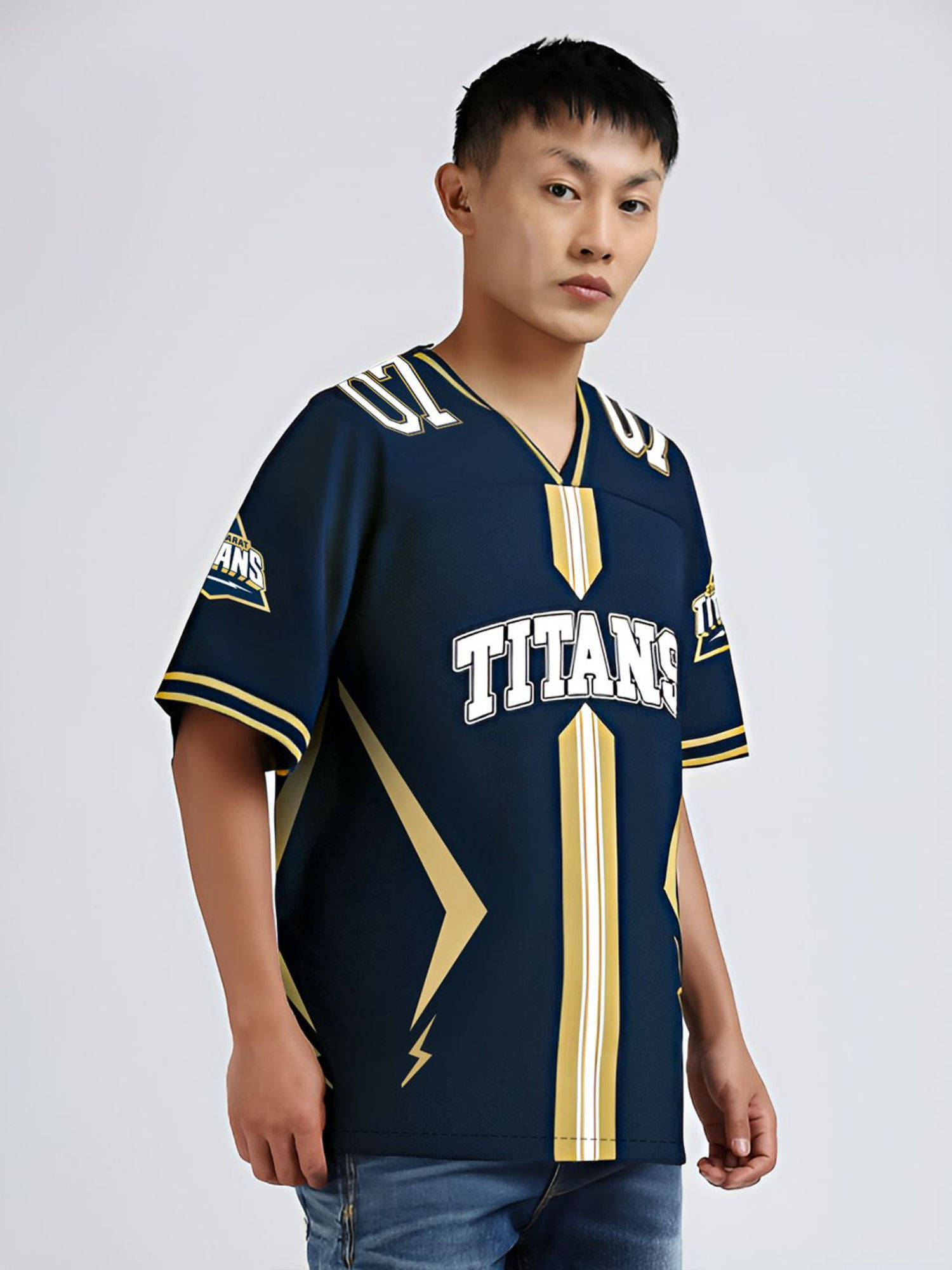 Buy FanCode Shop Navy Blue Printed V-Neck Polyester Oversized T-Shirt ...