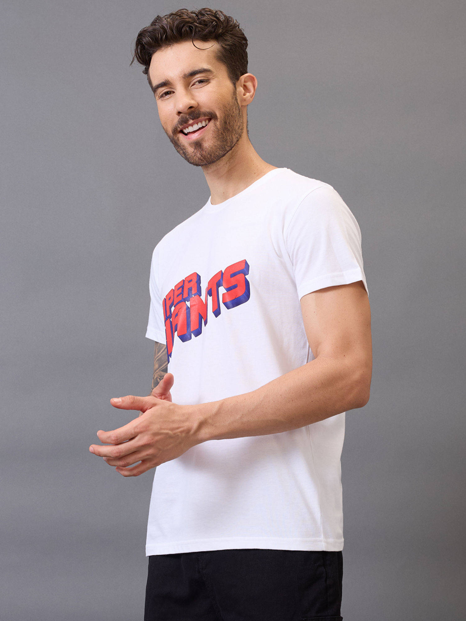 Buy FanCode Shop White Typography Half Sleeves Round Neck Cotton T ...