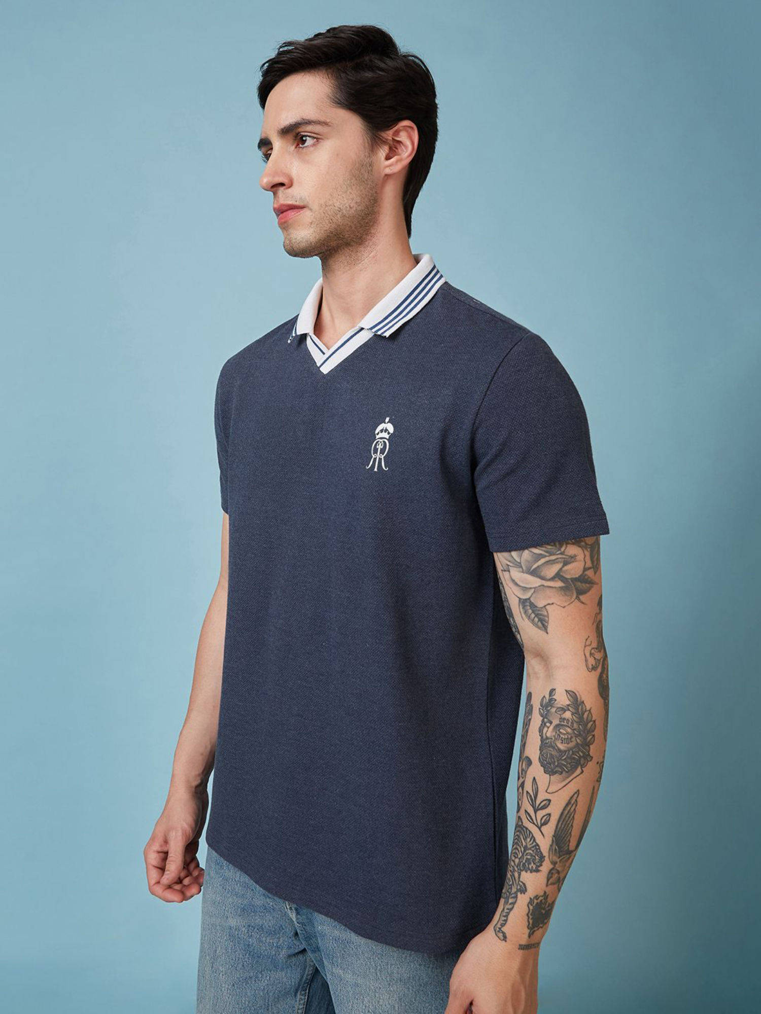 Buy FanCode Shop Navy Blue Textured Premium Cotton Neck Polo T-Shirt Online