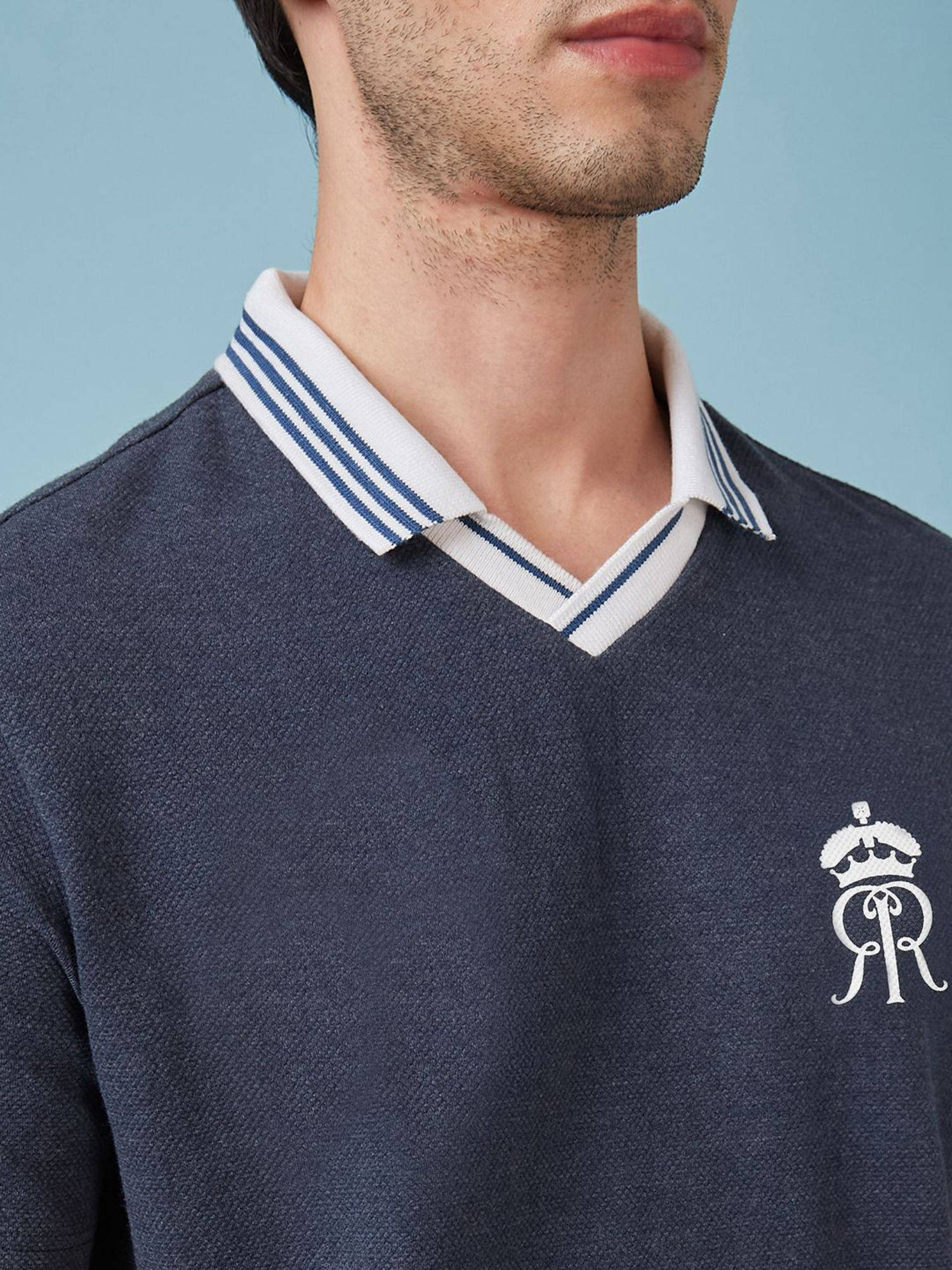 Buy FanCode Shop Navy Blue Textured Premium Cotton Neck Polo T-Shirt Online