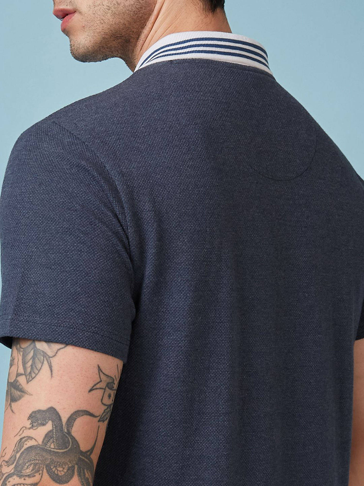 Buy FanCode Shop Navy Blue Textured Premium Cotton Neck Polo T-Shirt Online