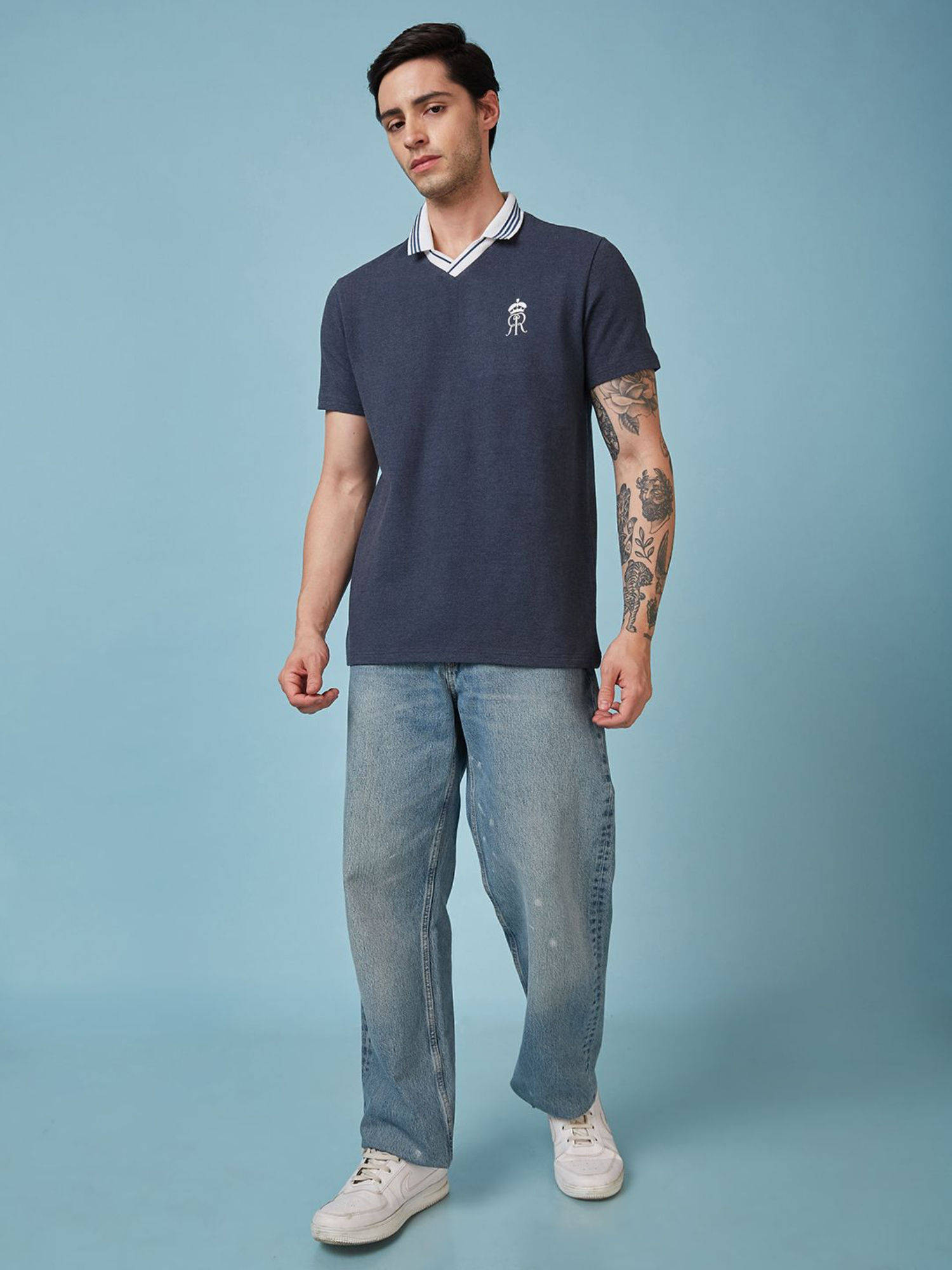 Buy FanCode Shop Navy Blue Textured Premium Cotton Neck Polo T-Shirt Online