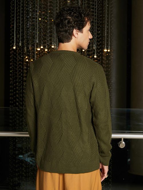 Buy Campus Sutra Men Army Green Basket-Knit Pullover Sweater Online