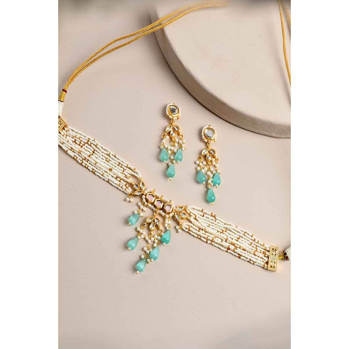 DASTOOR Blue Gold Plated Designer Necklace with Earrings